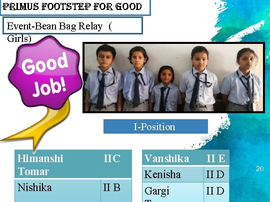 primus Footstep For Good Event-Bean Bag Relay ( Girls) I-Position Himanshi Tomar Nishika II primus Footstep For Good Event-Bean Bag Relay ( Girls) I-Position Himanshi Tomar Nishika II