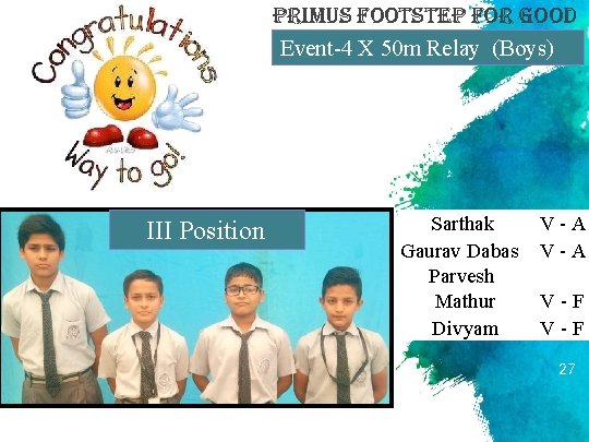primus Footstep For Good Event-4 X 50 m Relay (Boys) III Position Sarthak Gaurav