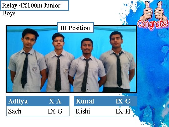 Relay 4 X 100 m Junior Boys III Position Aditya Sach X-A IX-G Kunal Relay 4 X 100 m Junior Boys III Position Aditya Sach X-A IX-G Kunal