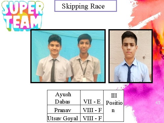 Skipping Race . . Ayush III Dabas VII - E Positio n Pranav VIII