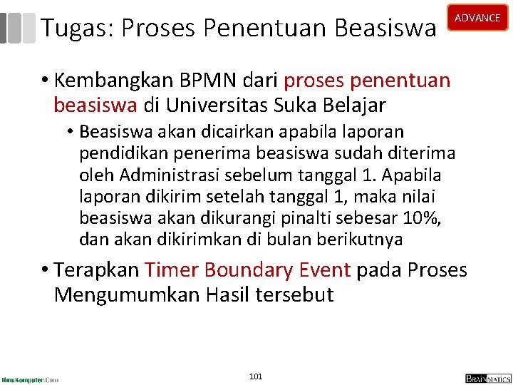 Tugas: Proses Penentuan Beasiswa ADVANCE • Kembangkan BPMN dari proses penentuan beasiswa di Universitas Tugas: Proses Penentuan Beasiswa ADVANCE • Kembangkan BPMN dari proses penentuan beasiswa di Universitas