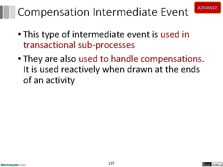 Compensation Intermediate Event ADVANCE • This type of intermediate event is used in transactional Compensation Intermediate Event ADVANCE • This type of intermediate event is used in transactional