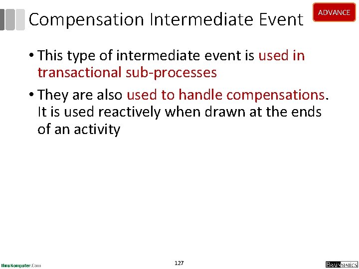 Compensation Intermediate Event ADVANCE • This type of intermediate event is used in transactional