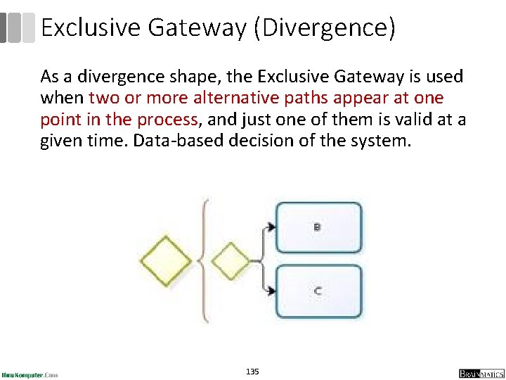 Exclusive Gateway (Divergence) As a divergence shape, the Exclusive Gateway is used when two