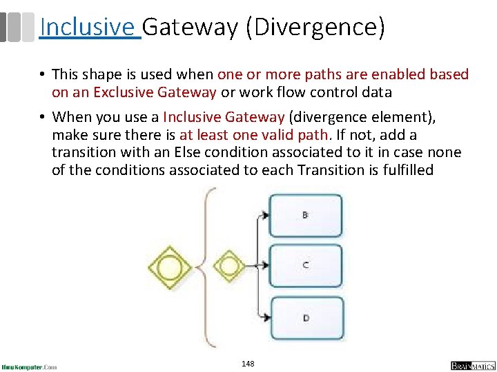 Inclusive Gateway (Divergence) • This shape is used when one or more paths are