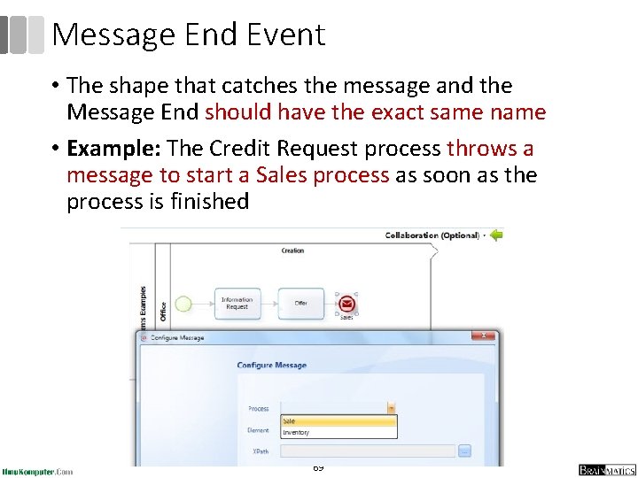 Message End Event • The shape that catches the message and the Message End Message End Event • The shape that catches the message and the Message End