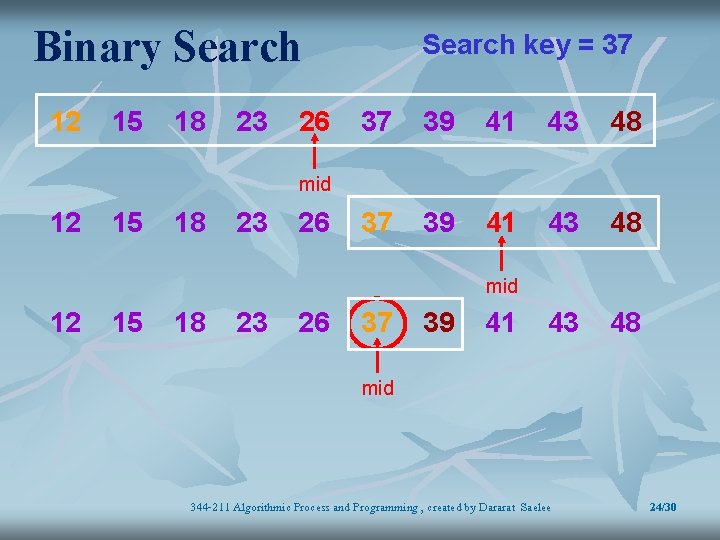 Binary Search 12 15 18 23 26 Search key = 37 37 39 41