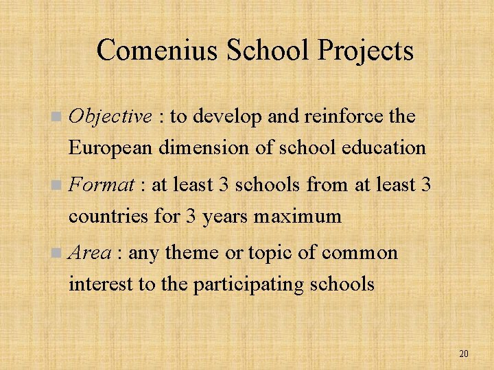 Comenius School Projects n Objective : to develop and reinforce the European dimension of