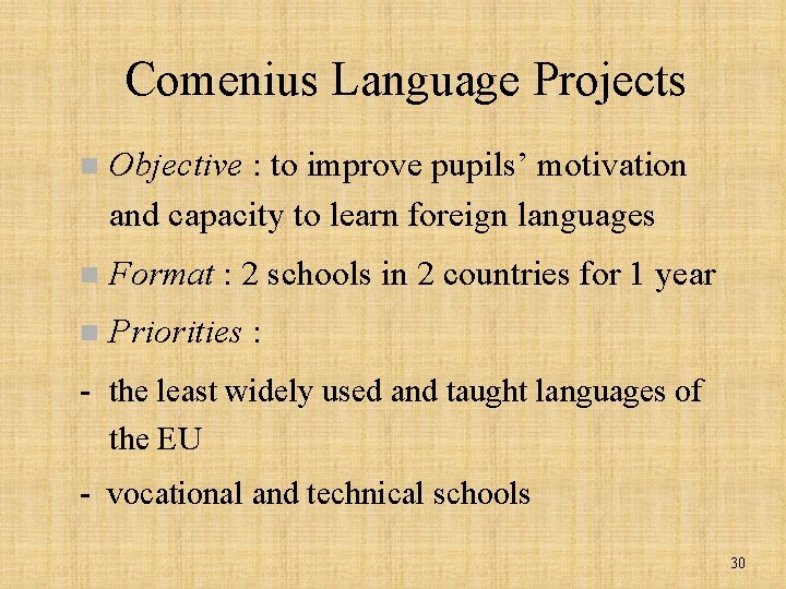 Comenius Language Projects n Objective : to improve pupils’ motivation and capacity to learn