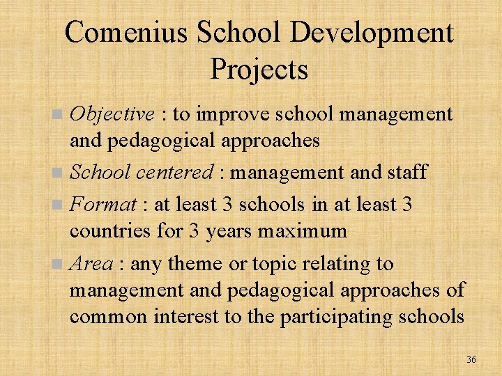 Comenius School Development Projects Objective : to improve school management and pedagogical approaches n