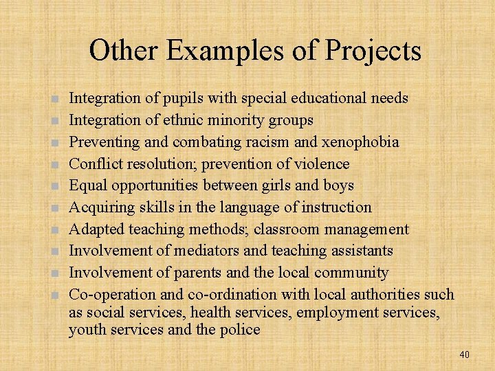 Other Examples of Projects n n n n n Integration of pupils with special