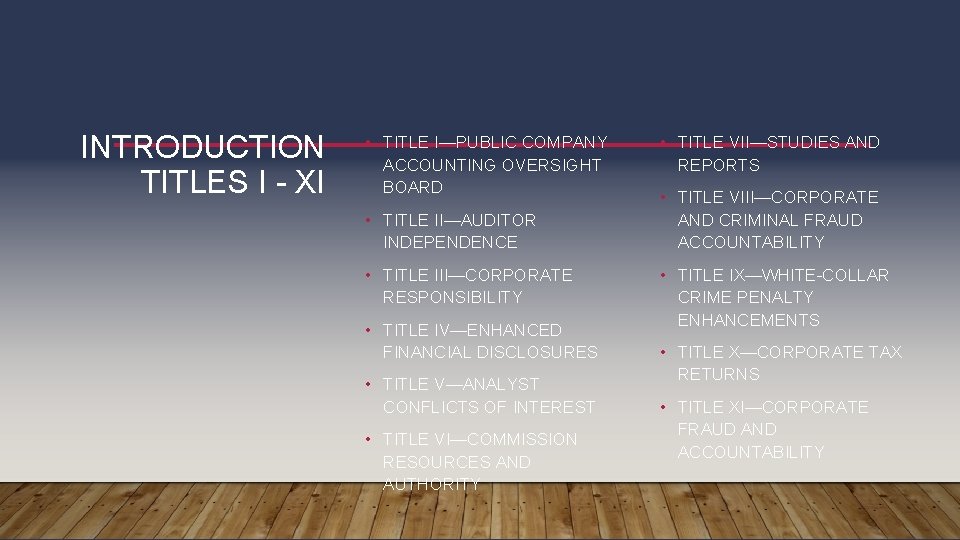 INTRODUCTION TITLES I - XI • TITLE I—PUBLIC COMPANY ACCOUNTING OVERSIGHT BOARD • TITLE