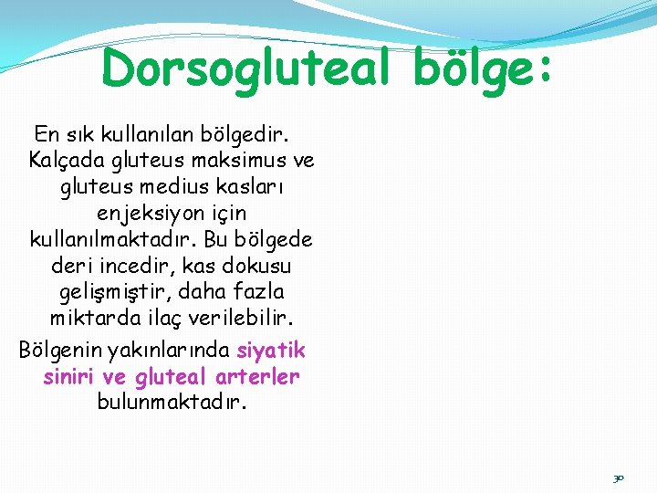 Dorsogluteal bölge: En sık kullanılan bölgedir. Kalçada gluteus maksimus ve gluteus medius kasları enjeksiyon