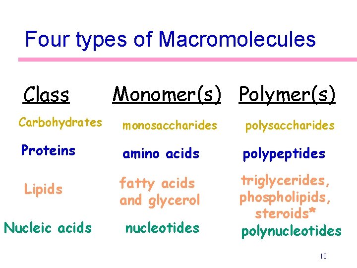 Four types of Macromolecules Class Monomer(s) Polymer(s) Carbohydrates monosaccharides polysaccharides Proteins amino acids polypeptides