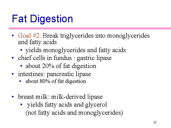 Fat Digestion • Goal #2: Break triglycerides into monoglycerides and fatty acids • yields