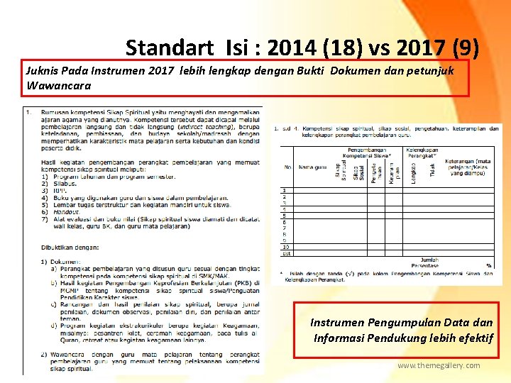 Standart Isi : 2014 (18) vs 2017 (9) Juknis Pada Instrumen 2017 lebih lengkap