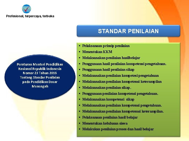 Profesional, terpercaya, terbuka STANDAR PENILAIAN § Pelaksanaan prinsip penilaian § Menentukan KKM § Melaksanakan