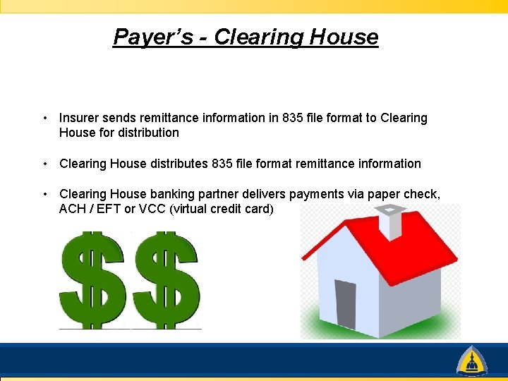 Payer’s - Clearing House • Insurer sends remittance information in 835 file format to