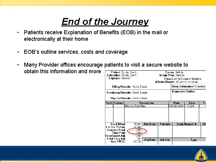 End of the Journey • Patients receive Explanation of Benefits (EOB) in the mail