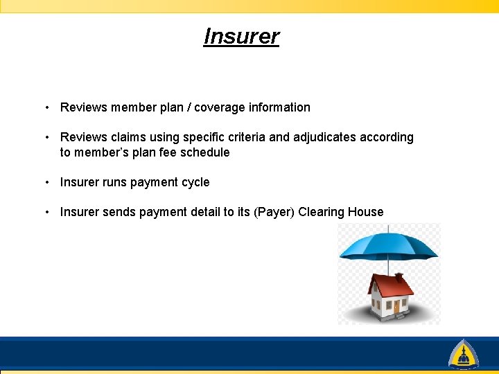 Insurer • Reviews member plan / coverage information • Reviews claims using specific criteria
