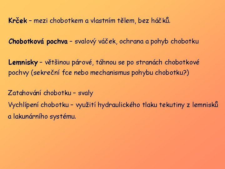 Krček – mezi chobotkem a vlastním tělem, bez háčků. Chobotková pochva – svalový váček,