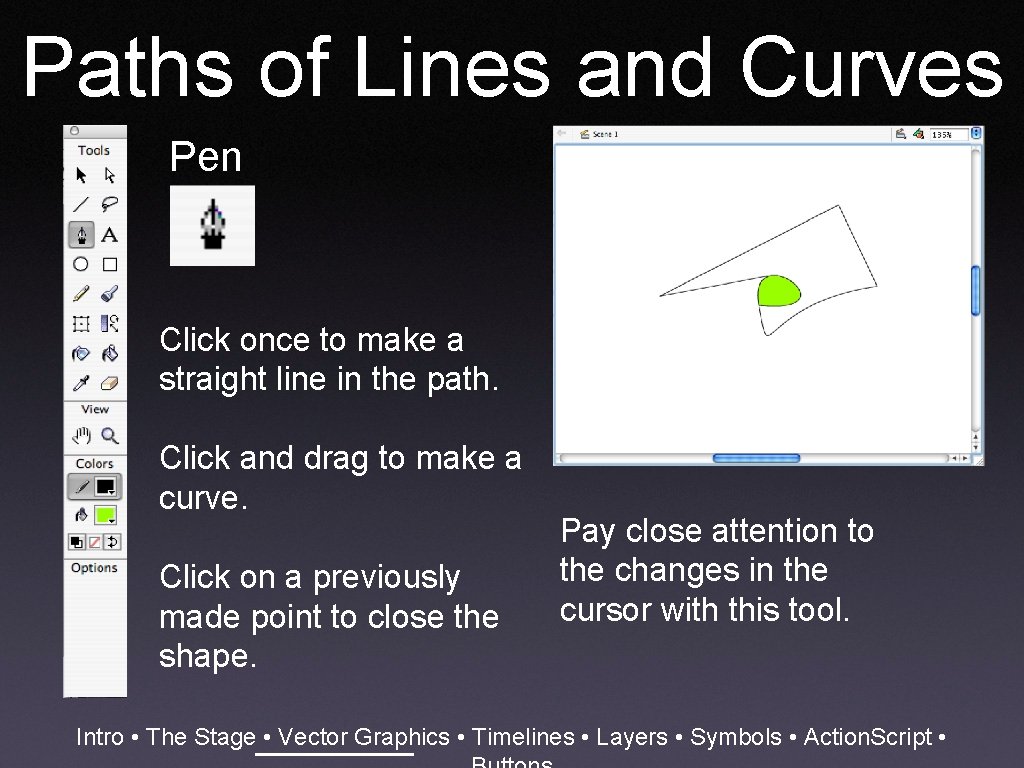 Paths of Lines and Curves Pen Click once to make a straight line in