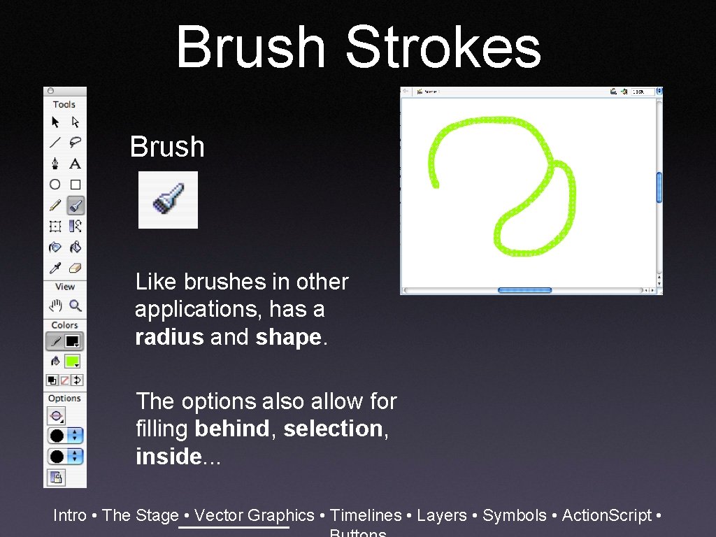 Brush Strokes Brush Like brushes in other applications, has a radius and shape. The