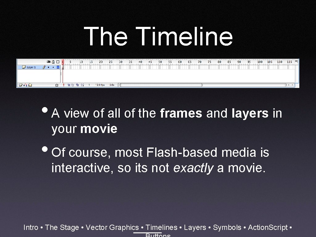 The Timeline • A view of all of the frames and layers in your