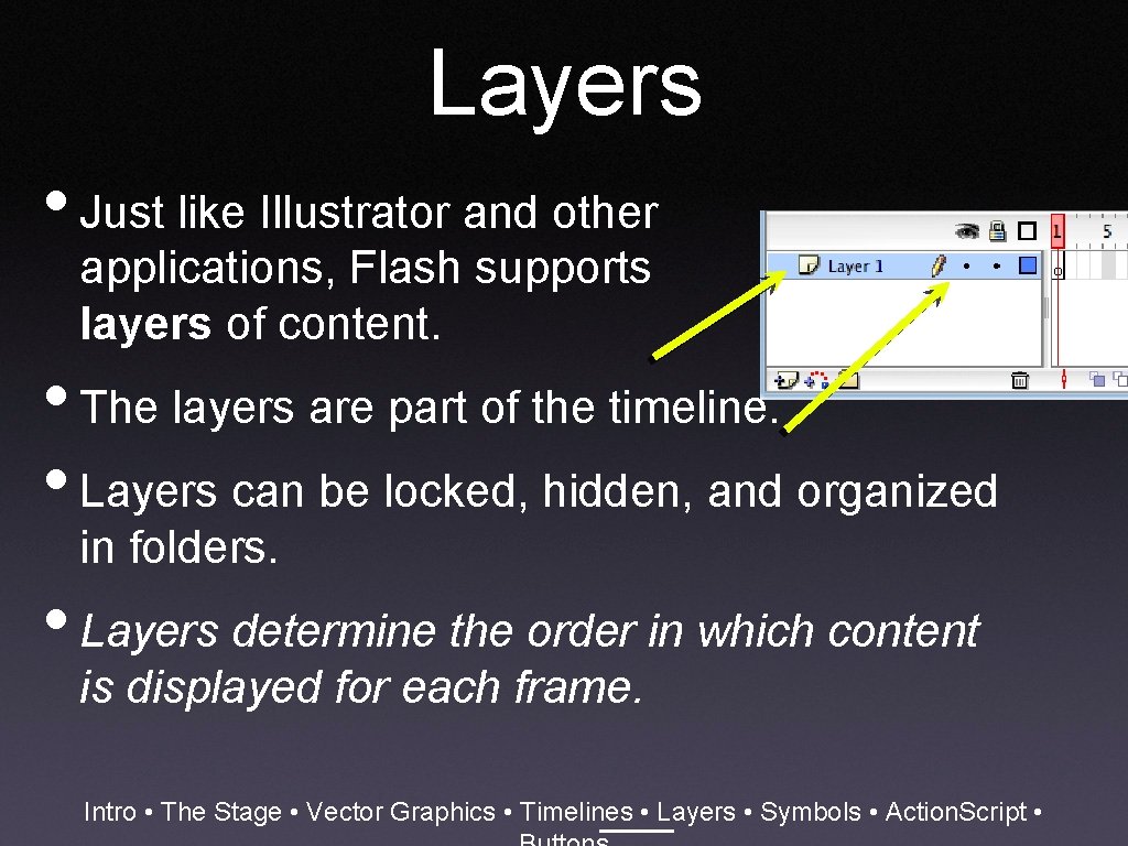 Layers • Just like Illustrator and other applications, Flash supports layers of content. •
