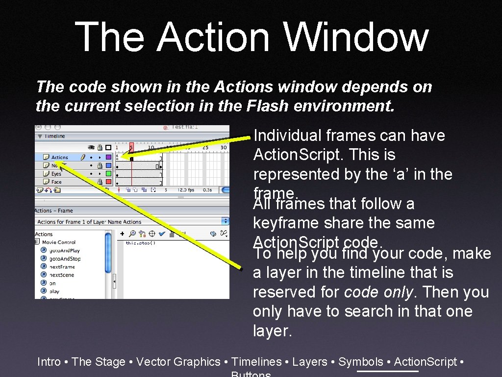 The Action Window The code shown in the Actions window depends on the current