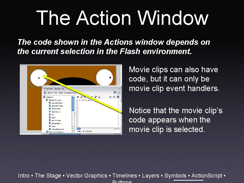 The Action Window The code shown in the Actions window depends on the current