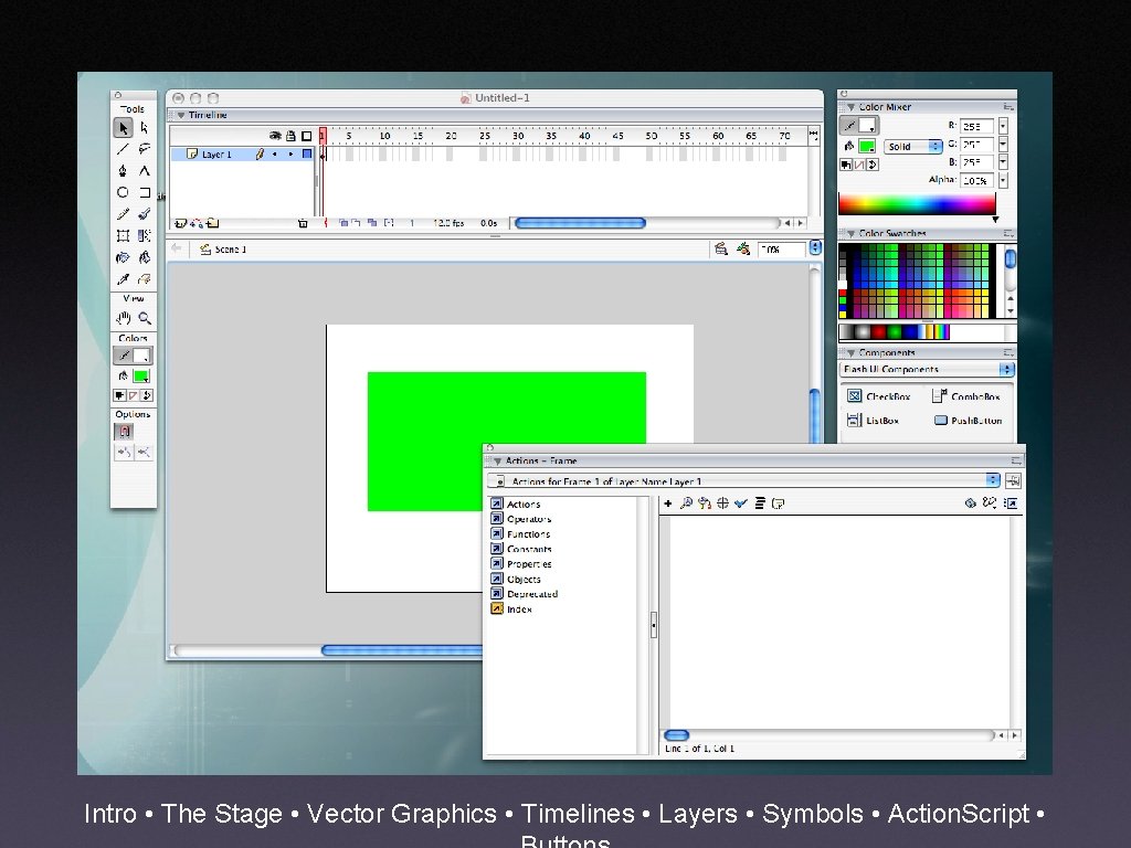 Intro • The Stage • Vector Graphics • Timelines • Layers • Symbols •