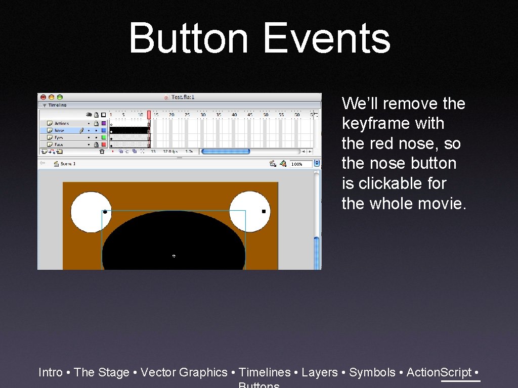 Button Events We’ll remove the keyframe with the red nose, so the nose button