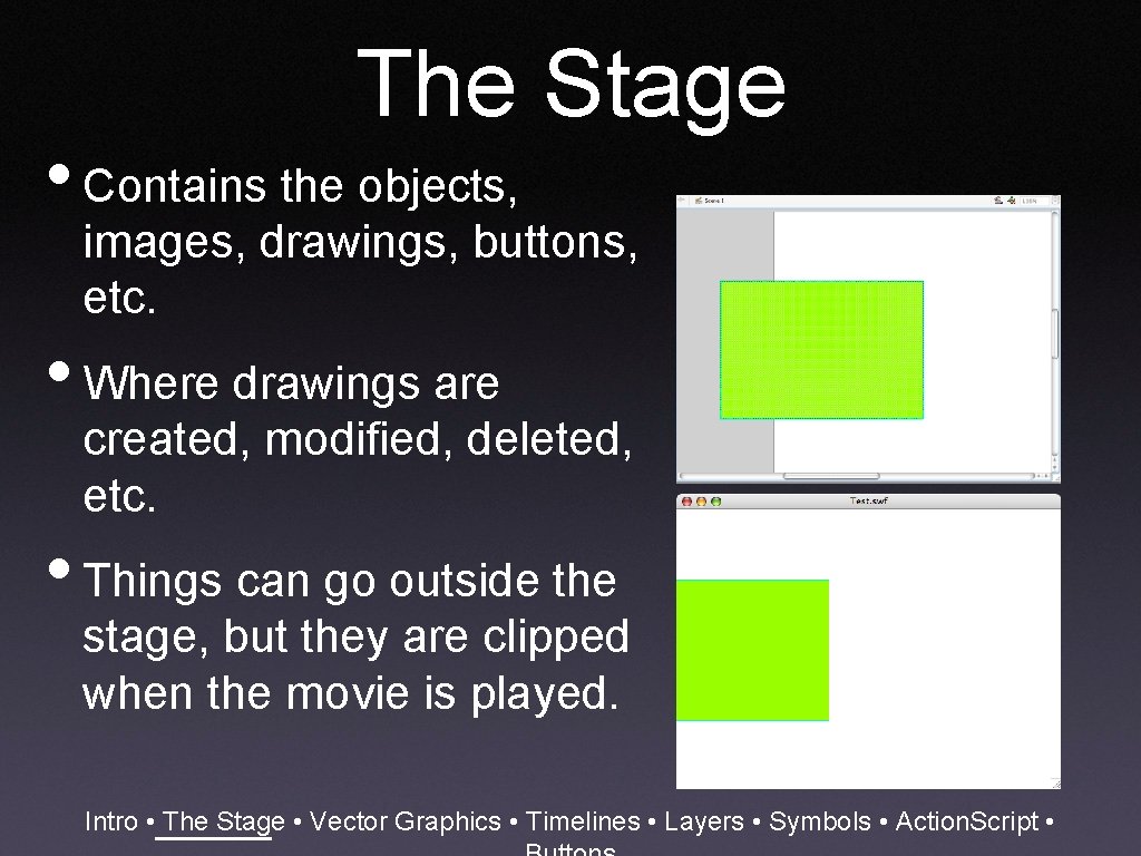 The Stage • Contains the objects, images, drawings, buttons, etc. • Where drawings are