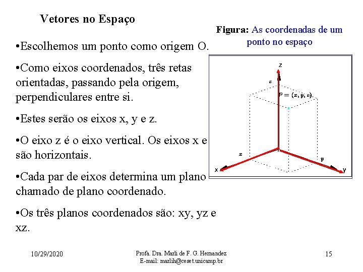 Vetores no Espaço • Escolhemos um ponto como origem O. Figura: As coordenadas de