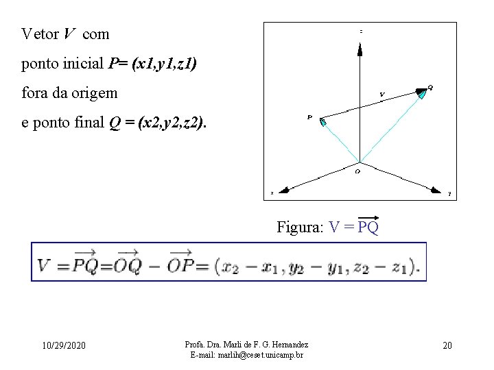 Vetor V com ponto inicial P= (x 1, y 1, z 1) fora da