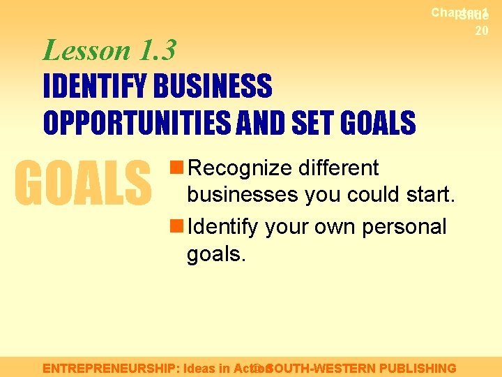 Lesson 1. 3 IDENTIFY BUSINESS OPPORTUNITIES AND SET GOALS Chapter 1 Slide 20 n