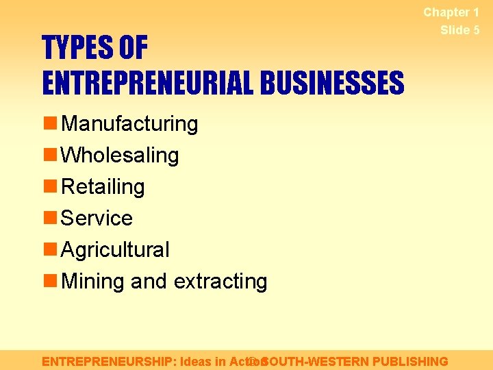 TYPES OF ENTREPRENEURIAL BUSINESSES Chapter 1 Slide 5 n Manufacturing n Wholesaling n Retailing