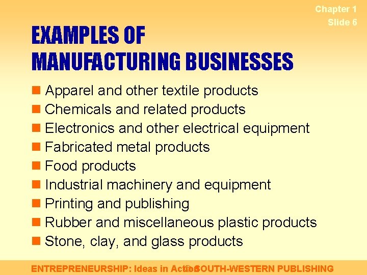 EXAMPLES OF MANUFACTURING BUSINESSES Chapter 1 Slide 6 n Apparel and other textile products