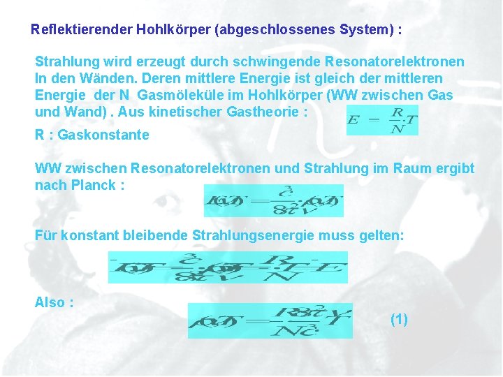 Reflektierender Hohlkörper (abgeschlossenes System) : Strahlung wird erzeugt durch schwingende Resonatorelektronen In den Wänden.