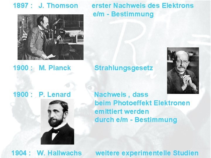 1897 : J. Thomson erster Nachweis des Elektrons e/m - Bestimmung 1900 : M.