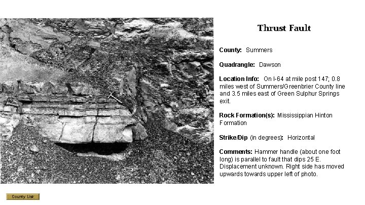 Thrust Fault County: Summers Quadrangle: Dawson Location Info: On I-64 at mile post 147;