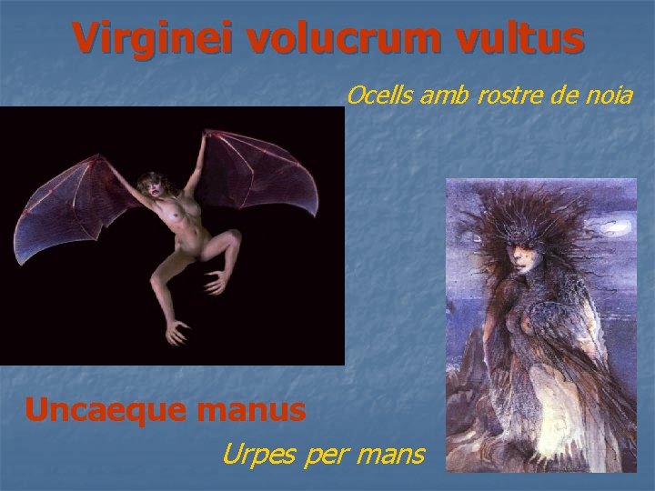 Virginei volucrum vultus Ocells amb rostre de noia Uncaeque manus Urpes per mans 