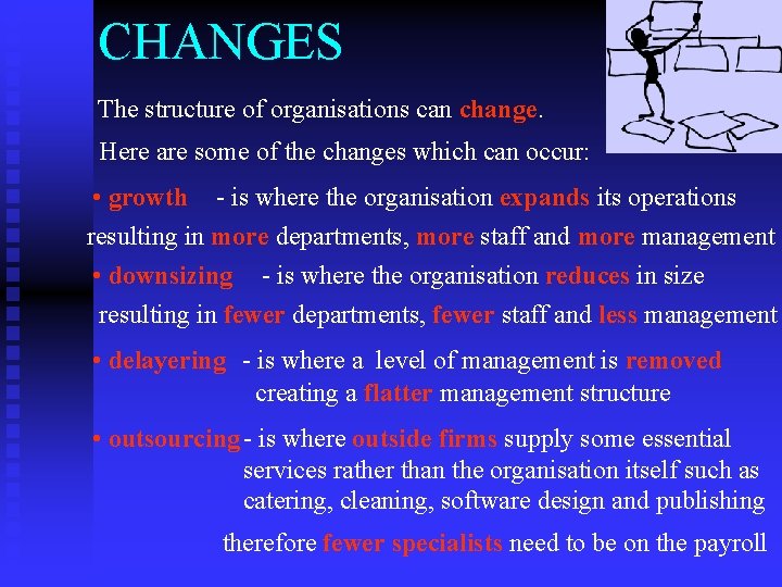 CHANGES The structure of organisations can change. Here are some of the changes which