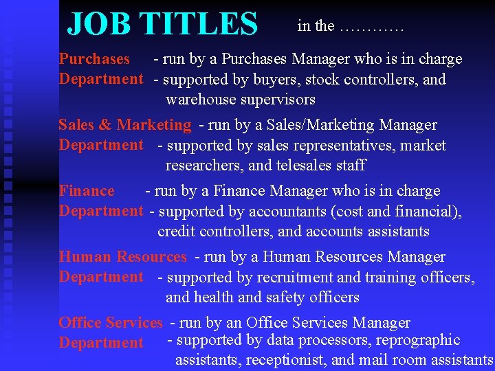JOB TITLES in the ………… Purchases - run by a Purchases Manager who is