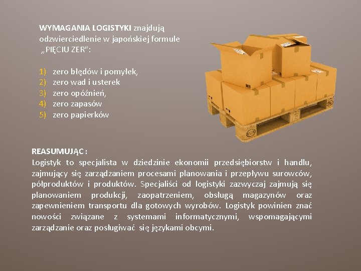 WYMAGANIA LOGISTYKI znajdują odzwierciedlenie w japońskiej formule „PIĘCIU ZER”: 1) 2) 3) 4) 5)