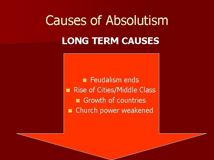 Causes of Absolutism LONG TERM CAUSES Feudalism ends n Rise of Cities/Middle Class n