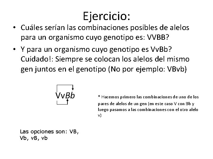 Ejercicio: • Cuáles serían las combinaciones posibles de alelos para un organismo cuyo genotipo