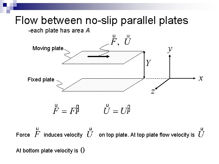 Flow between no-slip parallel plates -each plate has area A Moving plate Fixed plate