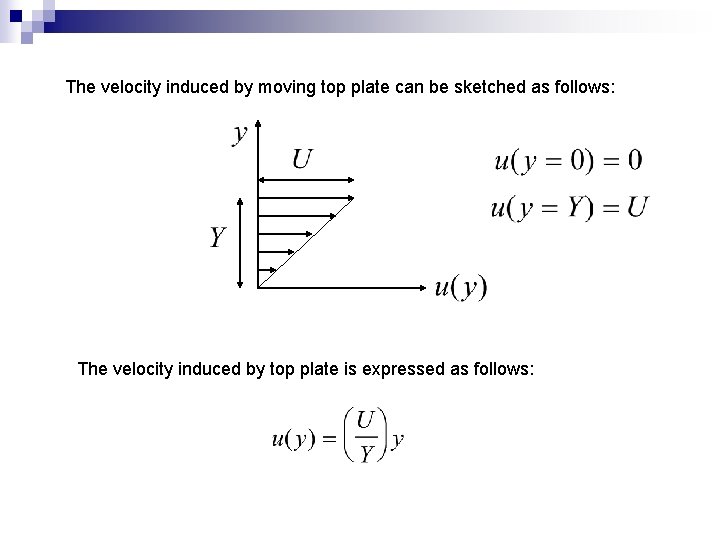 The velocity induced by moving top plate can be sketched as follows: The velocity